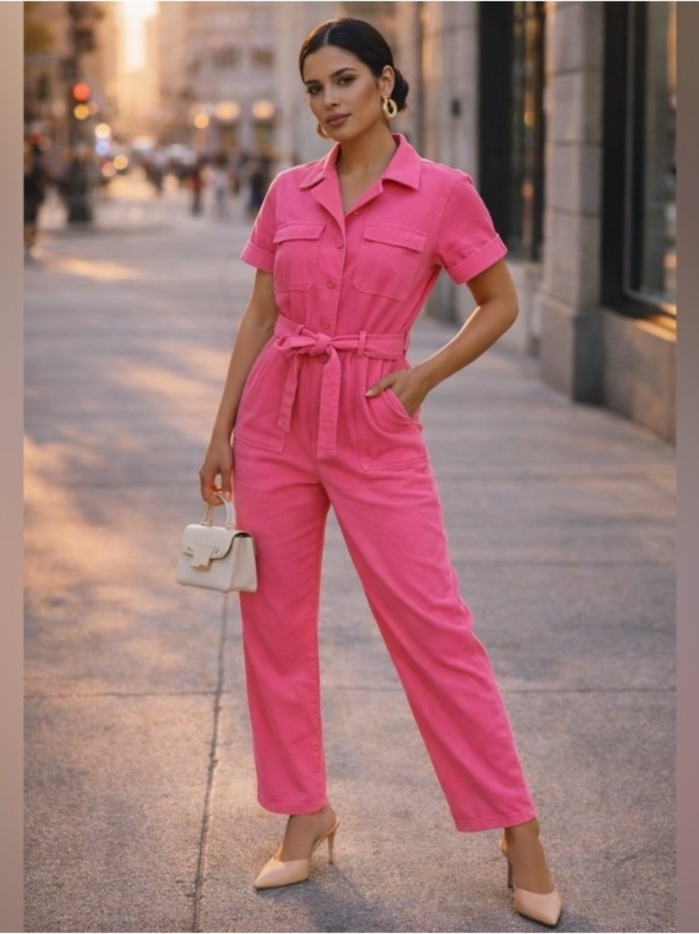 Anthropologie - Skies Are Blue Pink Short-Sleeve Utility Jumpsuit with Tie Belt